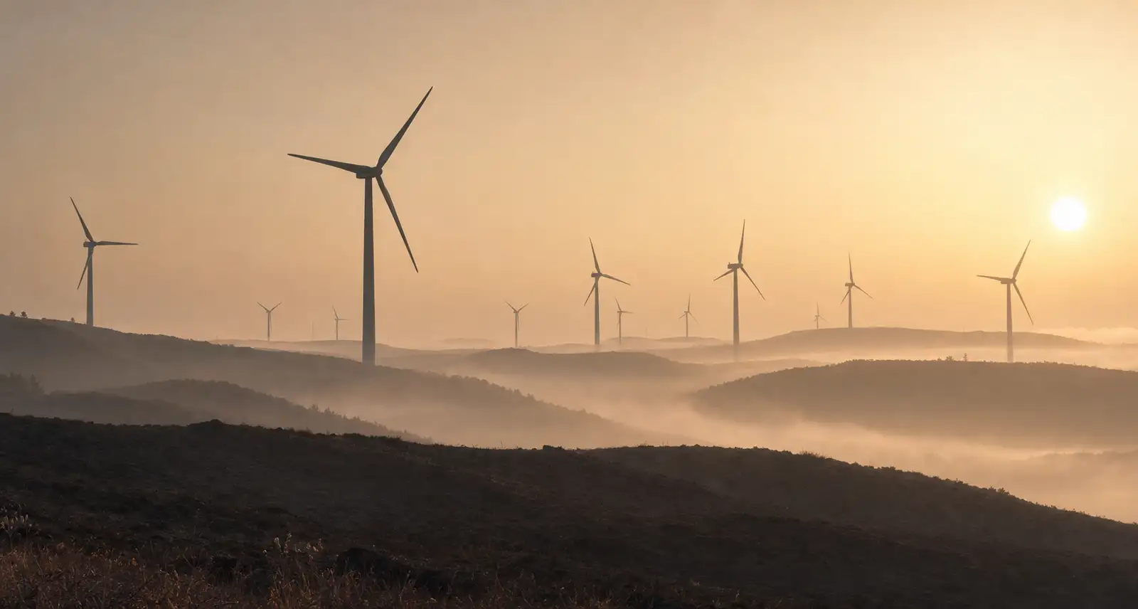 Wind turbines on a misty horizon at dawn