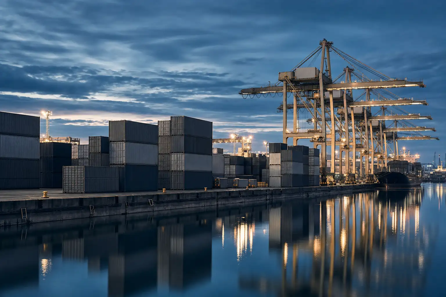 International container port at blue hour